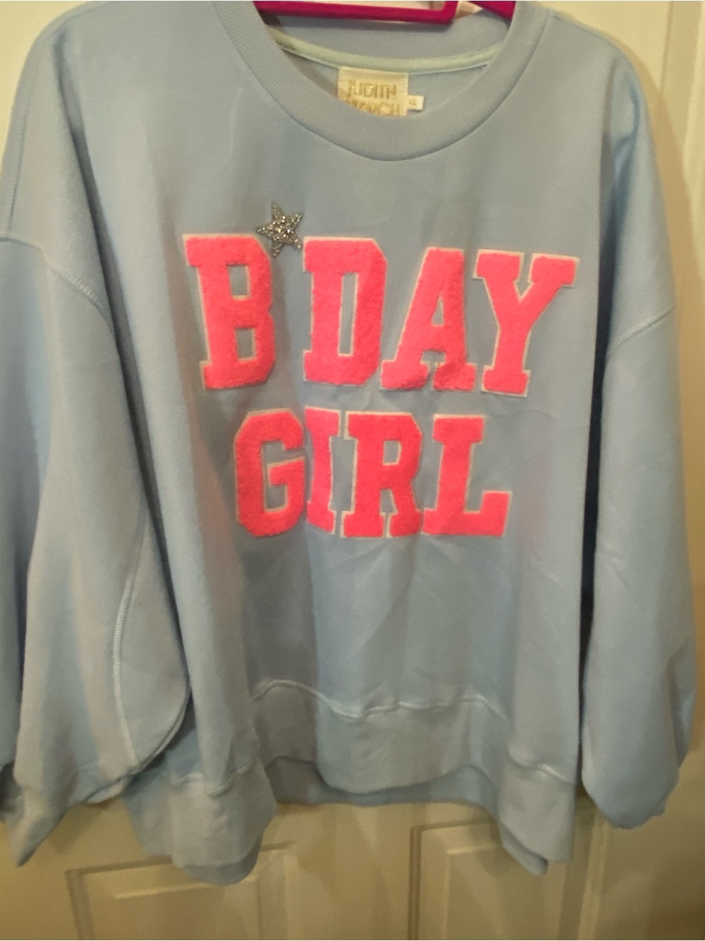 NWOT Judith March Pale Blue Sweatshirt with Neon Pink 'BDAY GIRL' Appliqué